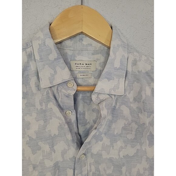 Zara Man Shirt Adult Medium Blue Gray Button Up long Sleeve Slim Fit Casual Mens - Picture 2 of 5